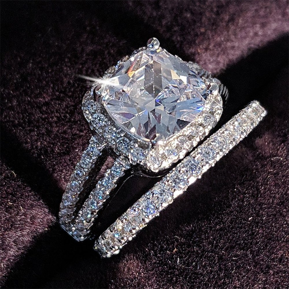 NEW 2pc/set 925 Silver Cushion Diamond Halo Ring - Picture 4 of 5